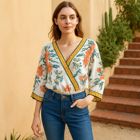 Flying Tomato Cream Floral Cross Front Kimono Sleeve Boho Top Size S - Picture 1 of 7